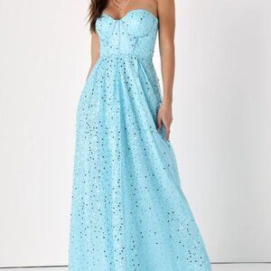 NEW‎ Lulus Radiant Reflection Blue Sequin Tulle Strapless Maxi Dress Medium